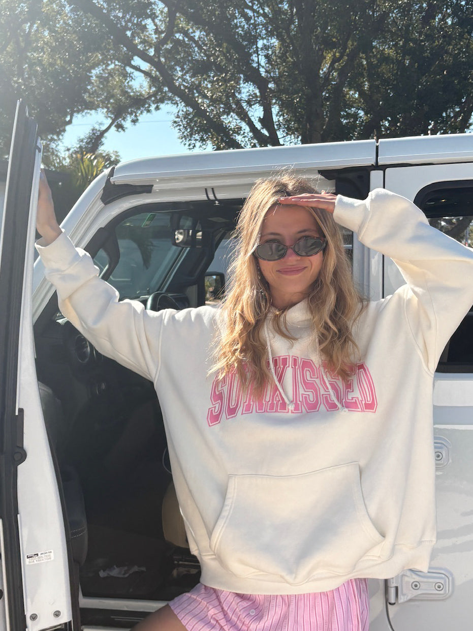 Ivory and Hibiscus Pink Embroidered Hoodie