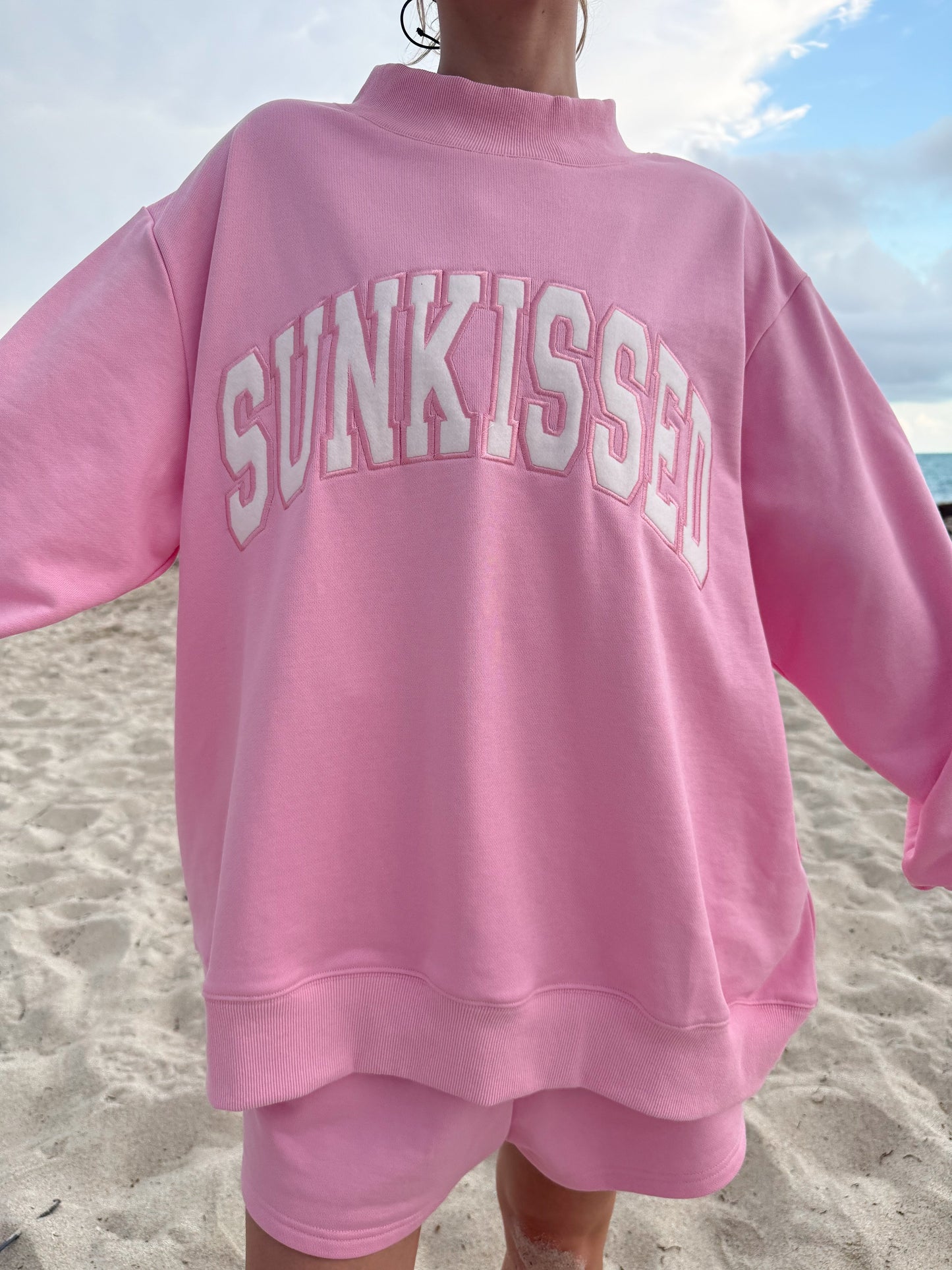 Lottie Pink Varsity Sunkissed Embroidered Mockneck Sweatshirt 100% Cotton