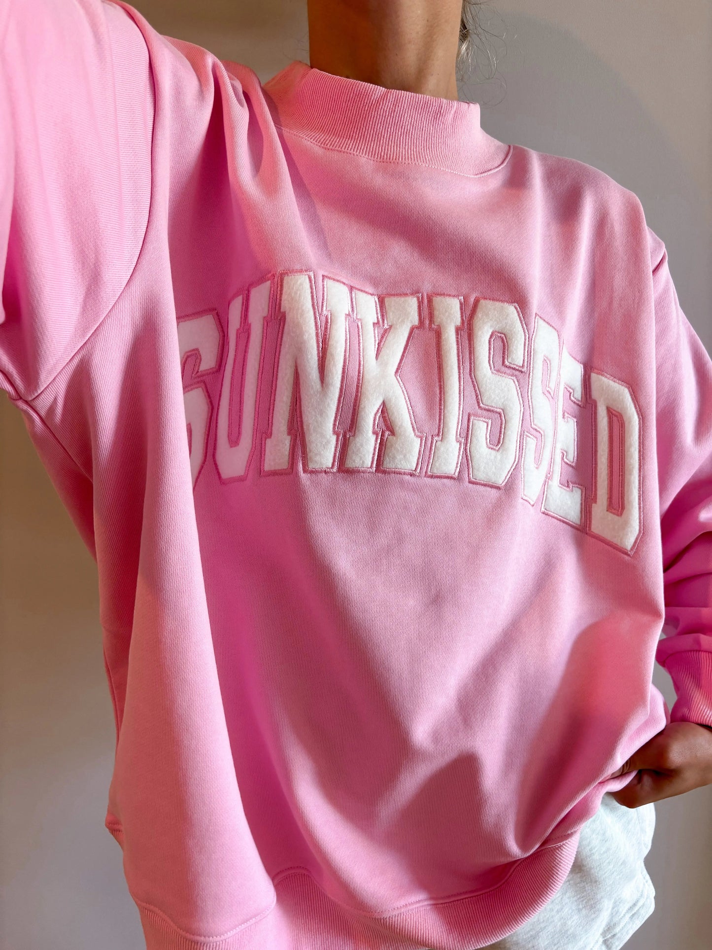 Lottie Pink Varsity Sunkissed Embroidered Mockneck Sweatshirt 100% Cotton