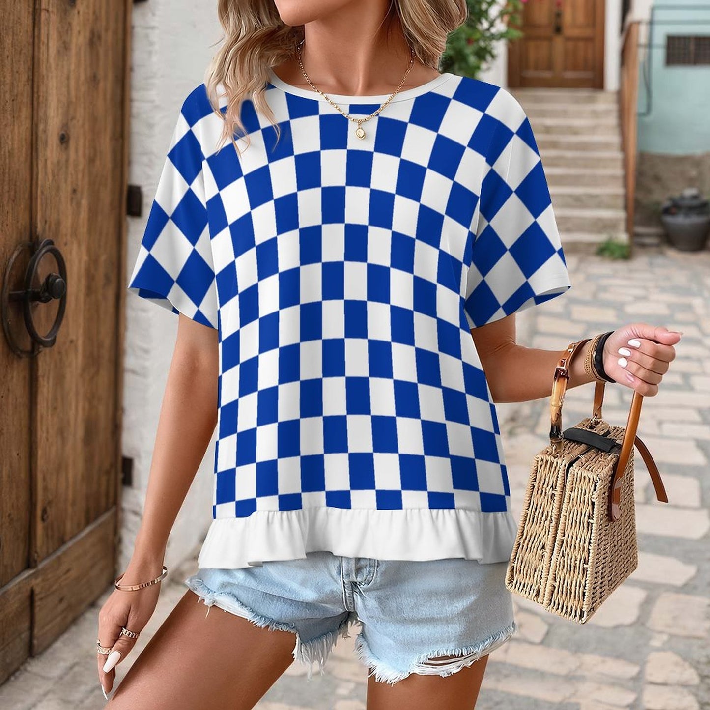 Kentucky Game Day Blue Check Women's Ruffle Tee