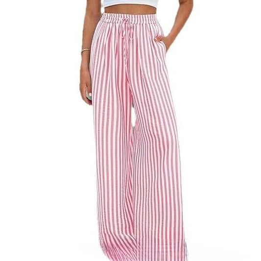 Striped Printed Drawstring Slant Pockets Wide Leg Pants